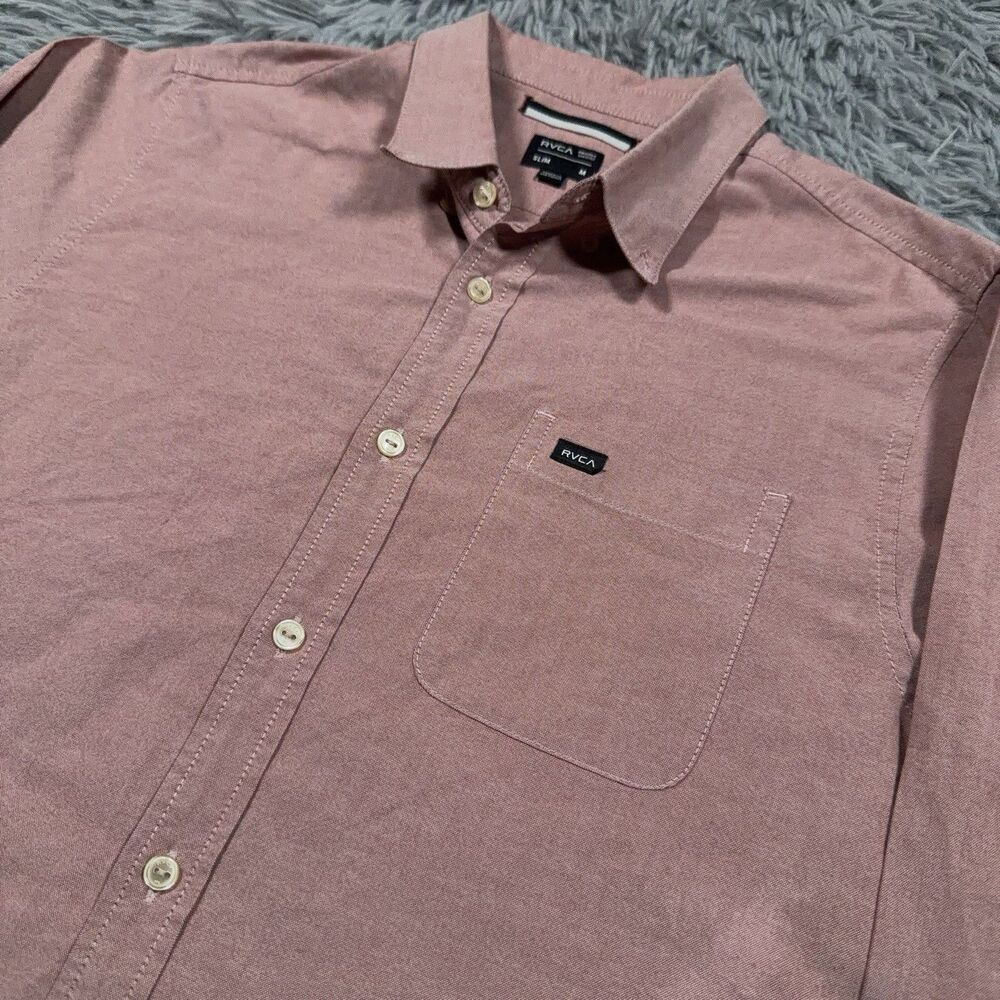 Rvca Shirt Medium Pink Button Down That’ll Do Oxford Pocket Casual Solid Mens